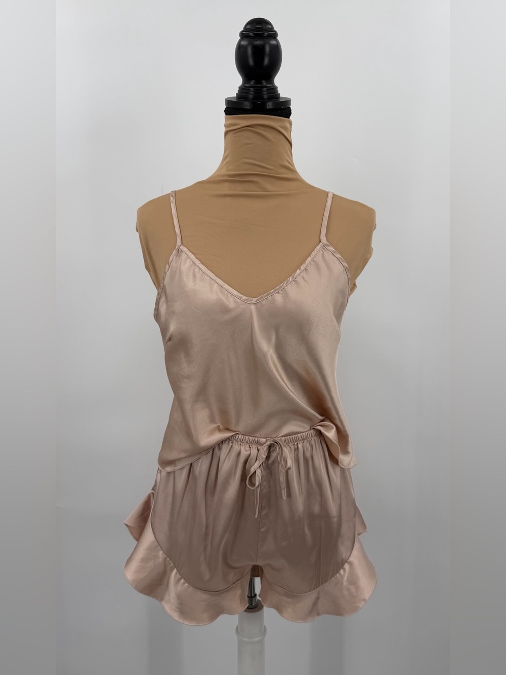 Champagne Satin Cami Ruffle Shorts matching Pajama Set XS/S Coquette Sleepwear